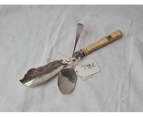 A Victorian butter knife with bone handle 1870 and a jam spoon 