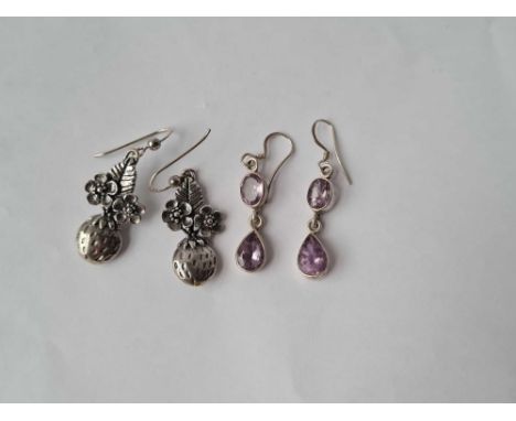 Two pairs of silver vintage earrings, amethyst drops &amp; strawberry leaf drops