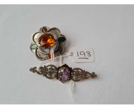 A silver citrine Scottish brooch &amp; amethyst bar brooch 