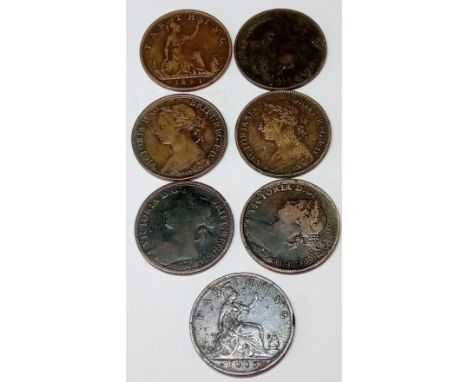 Seven Victorian bun head farthings 1885,86,87,90,91,92,93 button grades