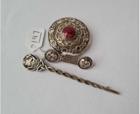 Scottish Celtic style brooch, Scottish silver kilt pin &amp; a hard stone silver brooch 