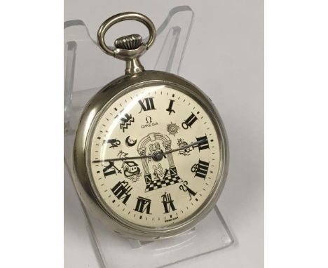 A vintage soild silver Masonic OMEGA pocket watch - ticks when wound - hallmarked 0.900 silver - 50mm case