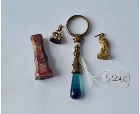 A Victorian serpentine double seal thistle &amp; butterfly intaglios, Victorian brass magnifying glass, standing stork seal, 
