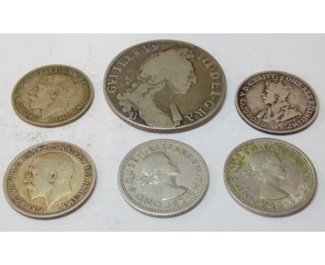 William III shilling and silver threepence (x3)