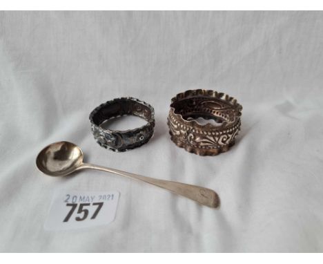 Two embossed napkin rings one 1899 and a salt spoon 1799 