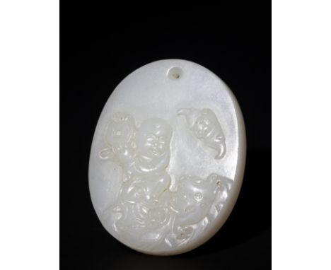 **NO RESERVE**A Chinese White Jade Pendant Depicting Children and Symbols of Prosperity.A carved oval white jade pendant feat