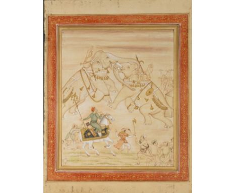 An Indian Miniature Depicting Jahangir Observing an Elephant Fight in a Mughal Court Scene.An Indian miniature painting, like