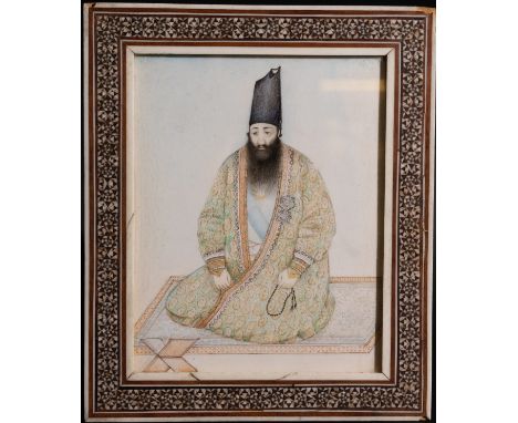 A Persian Qajar Painting of a Seated King, 19th Century. A Persian Qajar painting depicting a seated king adorned in a richly
