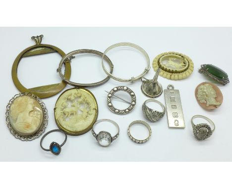 A Scottish silver brooch, a silver ingot pendant, a small mother of pearl inlaid funnel, two small bangles and other jeweller