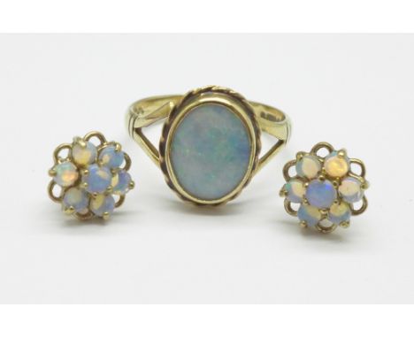 A pair of opal cluster earrings and a 9ct gold and opal ring, 3g, K 