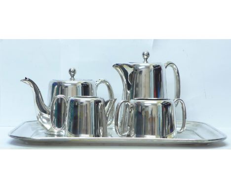 A Sheffield plate four piece tea service and a tray 