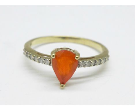 A 9ct gold, fire opal and diamond ring, with certificate, 1.4g, N 