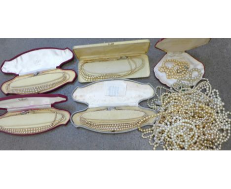 Simulated pearl necklaces including Lotus, Rosita, etc., some boxed 