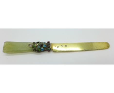 A knife with jade handle and applied silver and enamel, continental control marks on the blade 