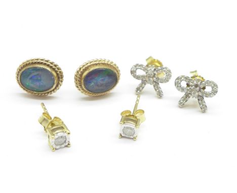 Three pairs of 9ct gold earrings, one set with opal, a/f, two set with diamonds, total weight 3.7g 