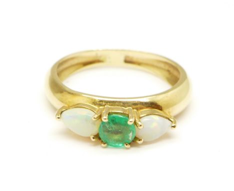 A 9ct gold, synthetic opal and emerald ring, 2.7g, O 