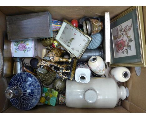 A pair of silver rimmed vases, a/f, clock, ornaments, etc. **PLEASE NOTE THIS LOT IS NOT ELIGIBLE FOR POSTING AND PACKING** 