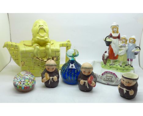 A novelty Goebel monk cruet, one a/f, a Yardley Lavender advertising display, Humpty Dumpty teapot, M'dina paperweight and a 