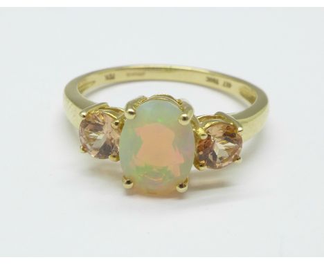 A 9ct gold ring set with synthetic opal and two other stones, 1.9g, O 