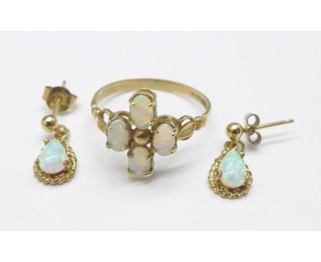 A pair of synthetic opal earrings and 9ct gold ring, 2.5g, ring N 