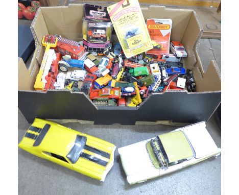 A box of mixed die-cast model vehicles, Matchbox, Corgi and two 1/18th scale American cars 