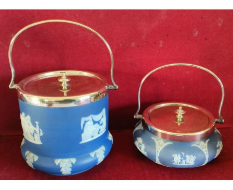 WEDGWOOD BLUE JASPERWARE CERAMIC BISCUIT BARREL WITH SWING OVER HANDLE, PLUS SMALLER WEDGWOOD BISCUIT BARREL BOTH IN REASONAB