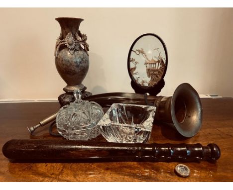 SUNDRY LOT INCLUDING VASE, CORK SCENE, HORN, TRUNCHEON, BOWL, ETC.