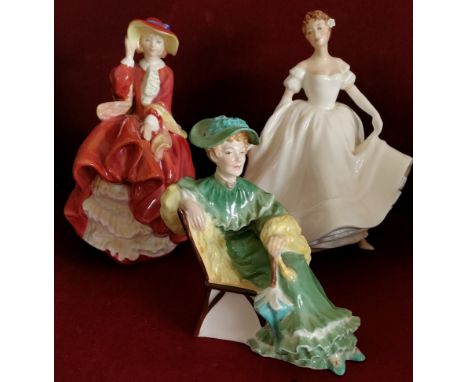 THREE ROYAL DOULTON GLAZED CERAMIC FIGURES- ASCOT HN2356, NANCY HN2955 AND TOP O' THE HILL HN1834 ALL IN REASONABLE, USED CON