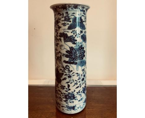 JAPANESE BLUE AND WHITE CERAMIC SLEEVE VASE, APPROXIMATELY 29cm HIGH