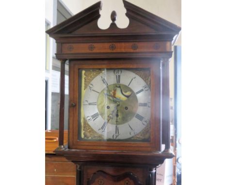 18th/19th century oak and mahogany inlaid cased longcase clock, with square brass dial, ormolu mounts and hand painted rollin