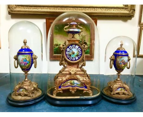 FRENCH GILDED CLOCK GARNITURE WITH HIGHLY DECORATIVE ATTRACTIVE ENAMELLED PANELS