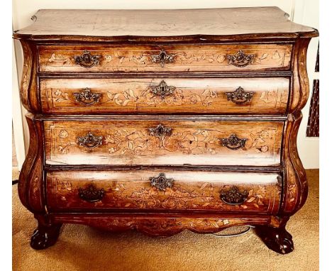 DUTCH MARQUETRY BOMBE FORM COMMODE, APPROXIMATELY 107 x 58 x 85cm NEEDS RESTORATION