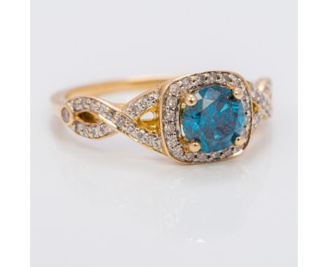 A 10 K gold blue and white diamond ringThe central facet cut blue diamond approximately 0.5 carat, surrounded by a row of sma