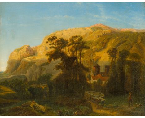CONTINENTAL SCHOOL (19th century)Figure with His Dog before a Hillside VillaOil on canvas, framed.  69 x 55 cm. CONDITION REP