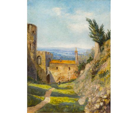 CONTINENTAL SCHOOL (19th century) Figure Before a Hill Side VillaOil on board, signed with initials, framed.  20 x 26.5 cm. C