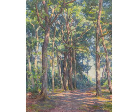 HOWARD BARRON (1900-1991) British (AR)Sun-Dappled Woodland PathOil on canvas, signed, framed.  70 x 90 cm. CONDITION REPORTS: