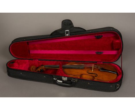 A late 19th/early 20th century, probably French, possibly English, full size violin (in working order)The button stamped "Haw