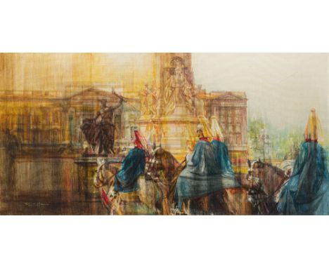 ERIC MASON (1921-1986) British (AR)
Household Cavalry Before Buckingham Palace
Oil on canvas, signed, framed.  120 x 59 cm.  