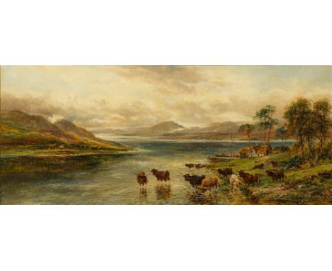 ANDREW LENNOX (19th/20th century)
Long Horned Cattle Watering in a Highland Loch Scene
Oil on canvas, signed, framed.  105.5 