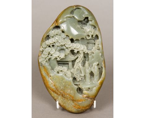 A Chinese carved wooden celadon and russet jade boulderWorked with figures on a terrace in a mountainous landscape.  23 cm lo