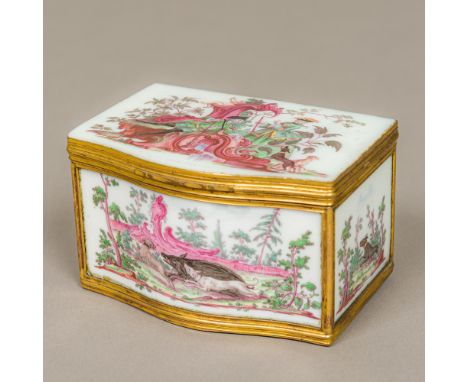 An 18th century French painted milk glass trinket box Of serpentine form, decorated in the round with hunting scenes, the hin