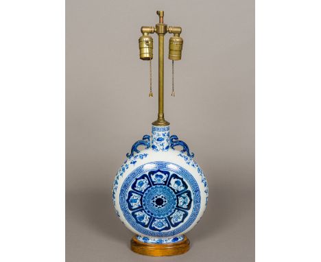 A Chinese blue and white porcelain moon flask lamp base With twin light fitting. 62 cm high. CONDITION REPORTS: Generally goo