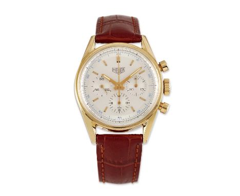 AN 18 CARAT GOLD TAG HEUER CARRERA RE-EDITION WATCH, circular silver dial with gilt hands and sub dials at 3/6/9 o'clock posi