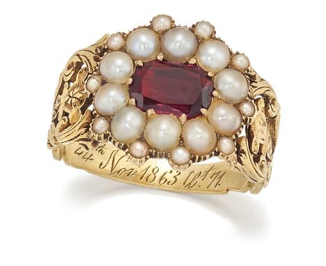 AN EARLY 19TH CENTURY GARNET AND SPLIT PEARL CLUSTER MOURNING RING, a cushion-cut garnet in a closed-back setting within a bo