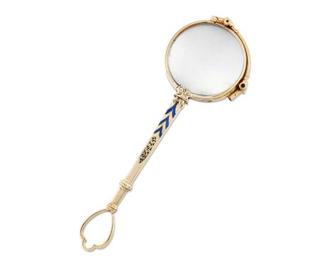 AN EARLY 20TH CENTURY LORGNETTE, sprung to a tapering handle decorated with blue enamel chevrons and a foliate pierced reserv