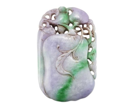 A LARGE JADE CARVING, carved and pierced with gourds, lingzhi and a bat, in green, white and lilac tones. 10cm by 6cm by 1cmA