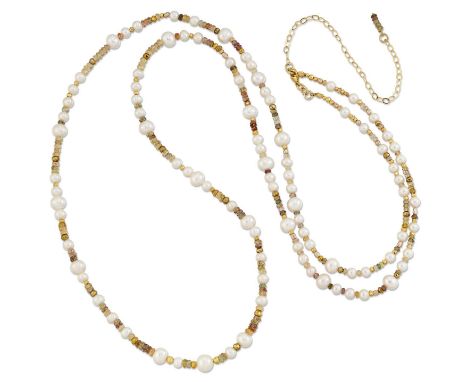 A FANCY-COLOURED SAPPHIRE AND CULTURED PEARL NECKLACE, faceted shaded yellow, orange and brown sapphire beads spaced by vari-