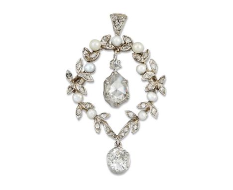 AN EARLY 20TH CENTURY DIAMOND AND SEED PEARL PENDANT, a pear rose-cut diamond suspended within a diamond and seed pearl-set l