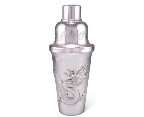 A CHINESE EXPORT COCKTAIL SHAKER, early 20th Century, the body repoussé with a dragon, the cover engraved with a further drag