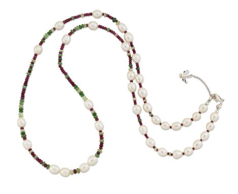 AN EMERALD, RUBY AND CULTURED PEARL NECKLACE, smooth polished emerald and ruby beads spaced by oval cultured pearls. 80cm lon